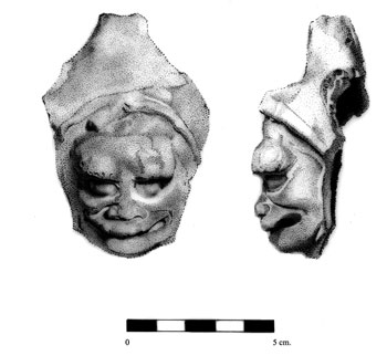 Dibujo de una figurilla de cerámica con la representación de un rostro con mandíbulas descarnadas. (Dibujo Érika Meijide)
