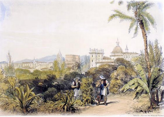 Il·lustració 5. Vista parcial de l’antic jardí botànic situat a l’Albereda de València segons un quadre de 1831.