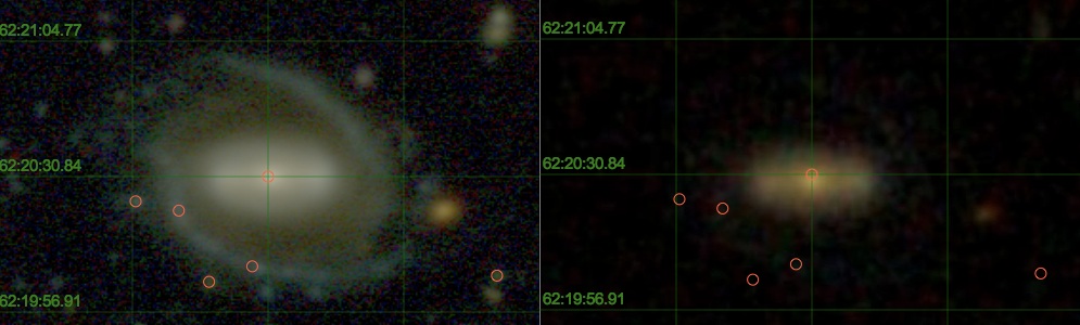 La imagen muestra un pequeño fragmento del cielo tal y como se ve en el cartografiado más completo del cielo disponible en la actualidad (Sloan Digital Sky Survey, a la derecha) y el mismo fragmento observado por ALHAMBRA (a la izquierda). Se puede comprobar como ALHAMBRA observa en detalle los brazos espirales y la estructura de la galaxia central, que para Sloan es un objeto sin detalle. Se observa también la abundancia de pequeños objetos de fondo, totalmente invisibles para Sloan.