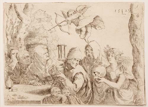 Anònim. Seguidor de Lucas van Leyden (Leiden 1494-1533). Les edats de l’home i la Mort (Família sorpresa per la Mort) Buril , 1523 ?. 100x135 mm