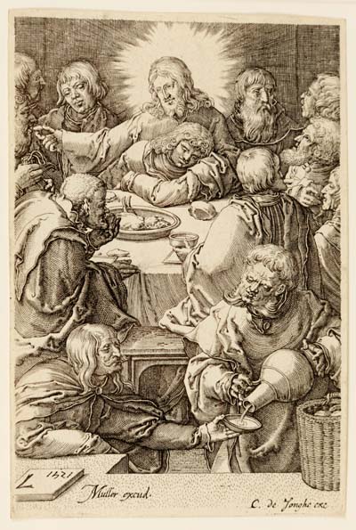 Jan Harmensz Muller (Amsterdam 1571-1628) segons Lucas van Leyden (Leiden 1494-1533). Publicat per Clement de Jonghe. La santa cena. Planxa 1 de la sèrie La passió. Burí, 1650. 114x76 mm