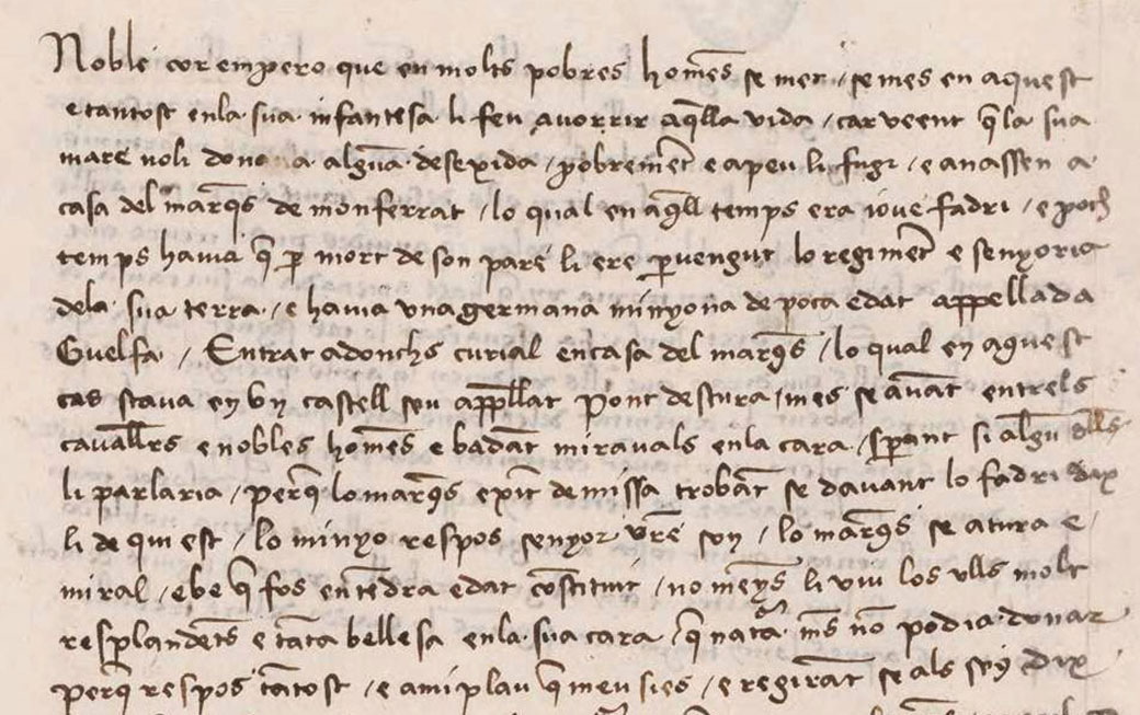 Detall amb text del Curial e Güelfa. Madrid, Biblioteca Nacional, ms. 9750.