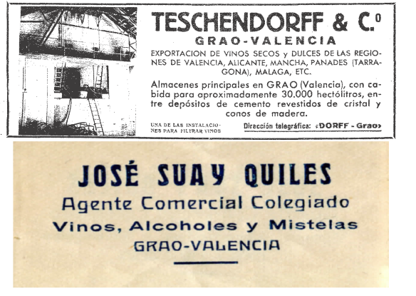 Figura 2. Anuncis d’exportadors i intermediaris vinícoles del Grau de València en la dècada de 1930. (Blanco y Negro, 26/01/1936, pàg. 146 i fotografia de l’autor)  