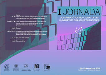 Programa de la I Jornada de Contribució Sociocultural de les Universitats Públiques Valencianes.