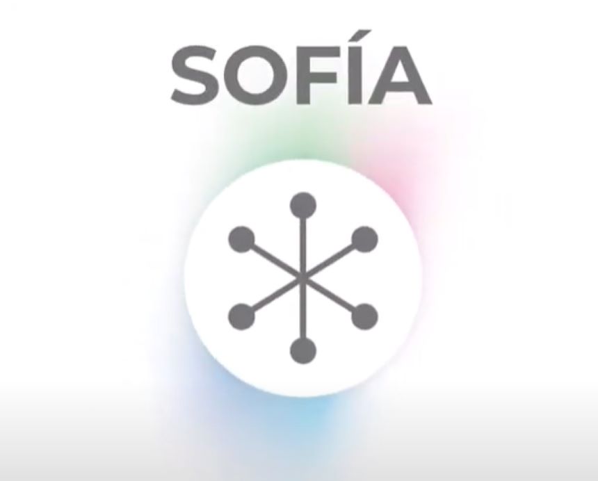 Sofia logo on a white/grey background with the words SOFÍA and a symbol composed of three crossed sticks with a dot at each end