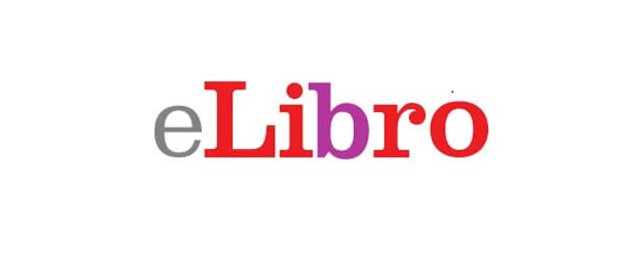 Logo eLibro in gray, red and purple letters on white background