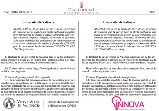 Càtedra Innova Servef-UV oferta una plaça d'investigador/a