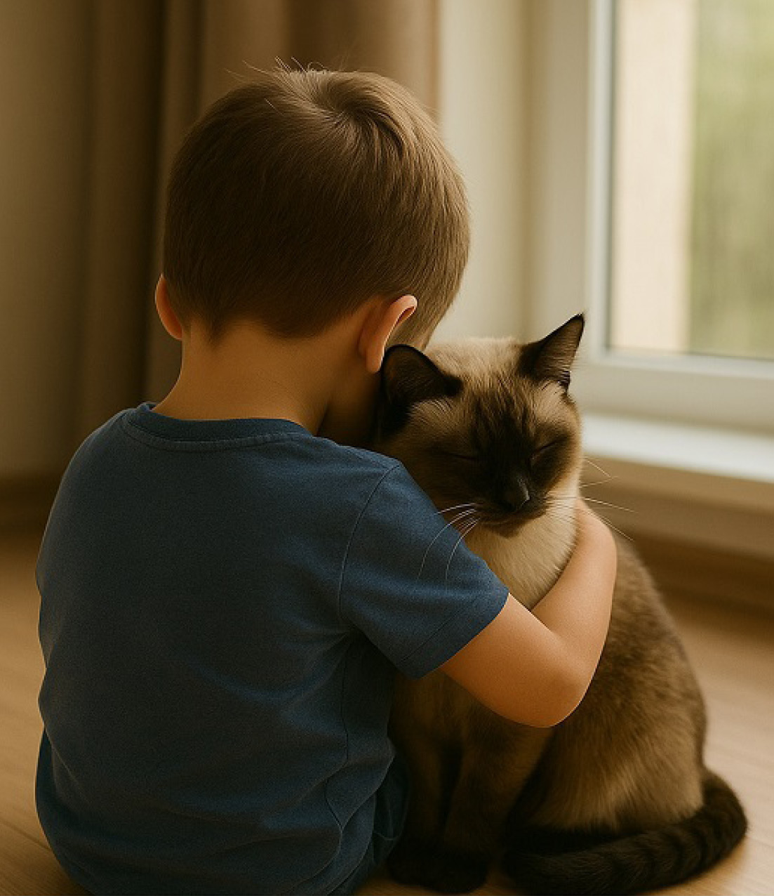 Imatge generada amb IA: un xiquet amb un gat