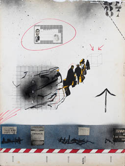 'Clase obrera', 1974. Letra de plantilla, 'collage', spray, aguada sobre cartón, 65 x 49,5 cm. Colección particular.