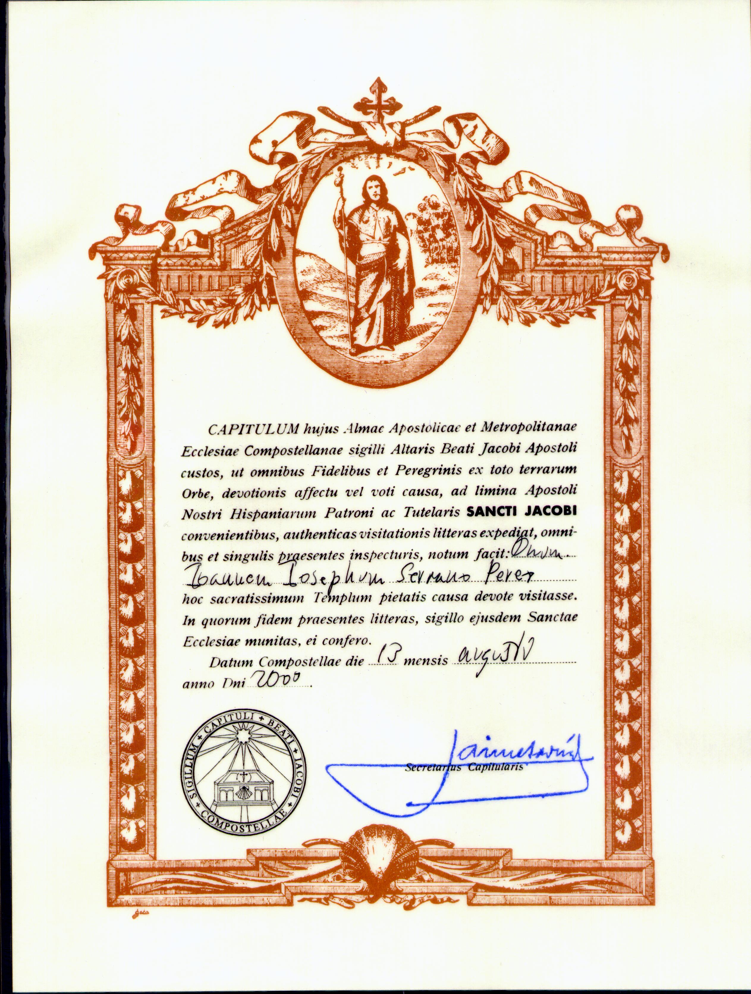Compostela expedida al autor de esta pgina en 2000