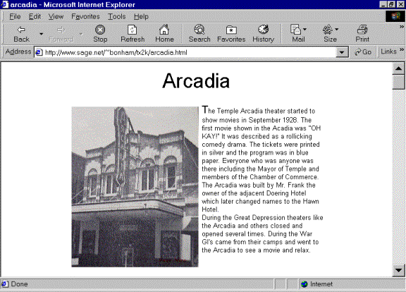 Picture of a Web page showing part of a TX2K exhibit byBonham Middle School.  On the screen is a picture of an old movie theatercalled the Arcadia and some accompanying text.
