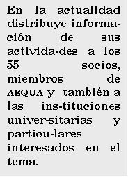Cuadro de texto: En la actualidad distribuye informa-cin de sus activida-des a los 55 socios, 
miembros de AEQUA y  tambin a las ins-tituciones univer-sitarias y particu-lares interesados en el tema.
