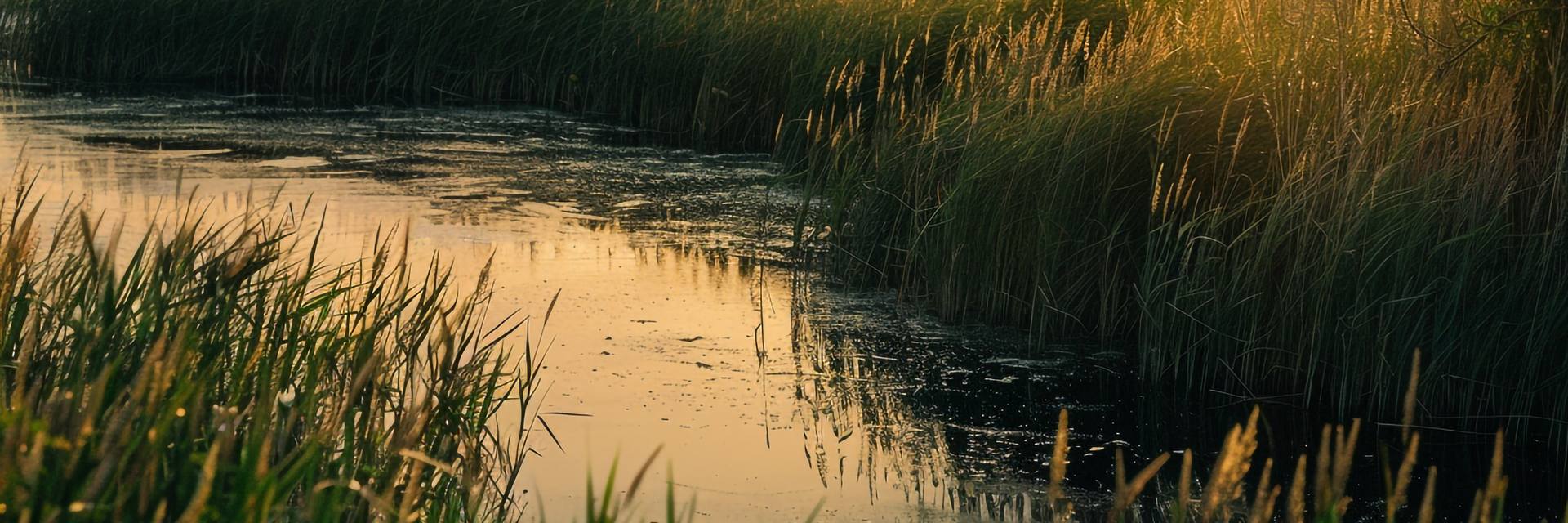Humedal con carrizales y lámina de agua al atardecer