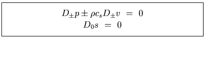 \fbox{\parbox[b]{3.5in}{
\begin{displaymath}
D_{\pm} p \pm \rho c_s D_{\pm} v  ...
...,0
\end{displaymath}\begin{displaymath}
D_{0} s    =   0
\end{displaymath}}}