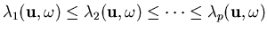 $\lambda_1({\bf u},{\bf\omega}) \leq
\lambda_2({\bf u},{\bf\omega}) \leq \cdots \leq
\lambda_p({\bf u},{\bf\omega})$