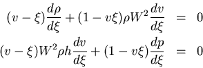 \begin{eqnarray*}
(v-\xi)\frac{d\rho}{d\xi} + (1-v\xi)\rho W^2 \frac{dv}{d\xi} &...
...-\xi)W^2 \rho h \frac{dv}{d\xi} + (1-v\xi) \frac{dp}{d\xi} &=& 0
\end{eqnarray*}