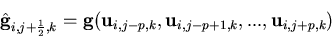 \begin{eqnarray*}
\hat{\bf g}_{i,j+{1\over 2},k} = {\bf g}({\bf u}_{i,j-p,k},
{\bf u}_{i,j-p+1,k},...,{\bf u}_{i,j+p,k})
\end{eqnarray*}