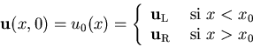 \begin{displaymath}
{\bf u}(x, 0) = u_0(x) = \left\{ \begin{array}{ll}
{\bf u}_{...
...} \\
{\bf u}_{\rm R} & \mbox{ si $x>x_0$}
\end{array} \right.
\end{displaymath}