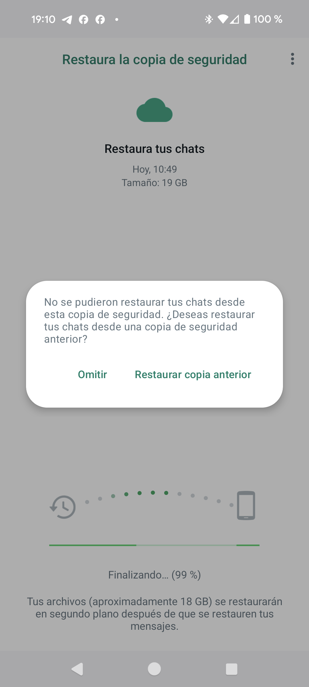 18 de gener, 19:10: «No se pudieron restaurar tus chats desde esta copia de seguridad».