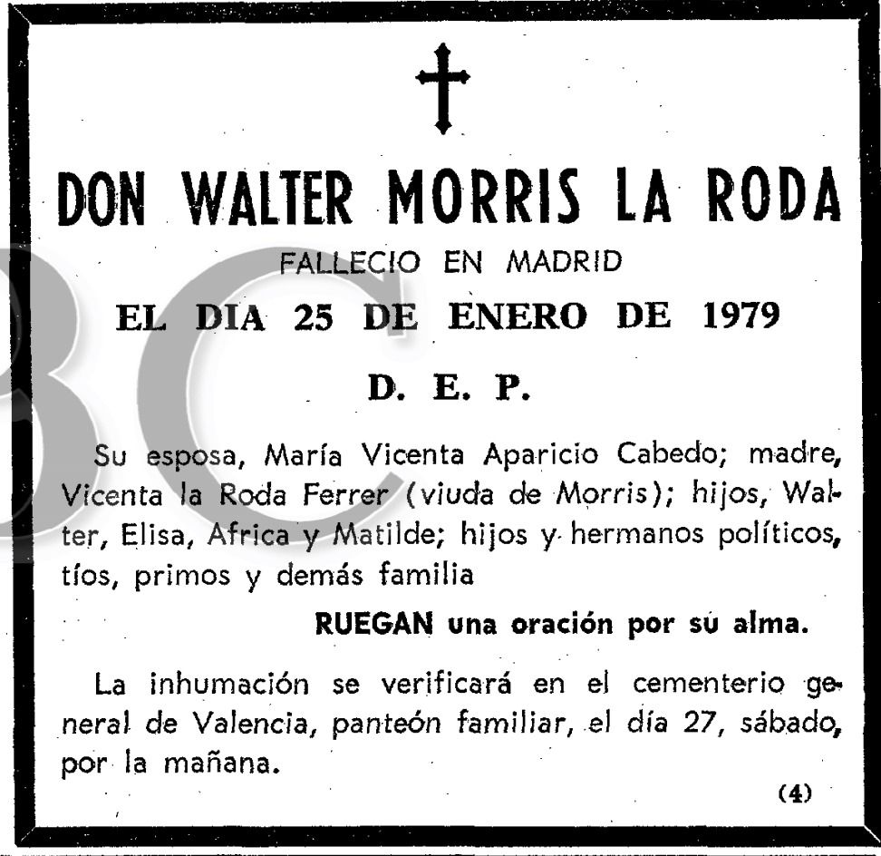 Esquela de Walter Morris La Roda
