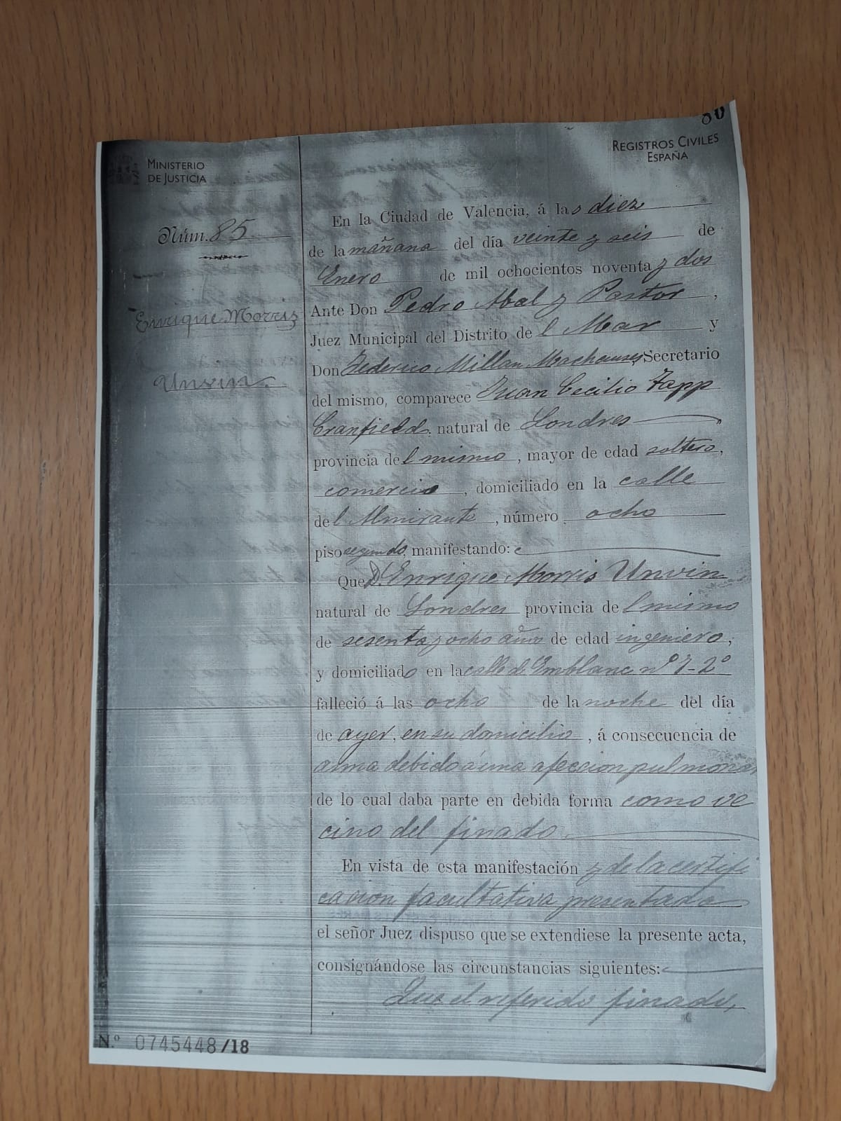 Acta de defunción de Henry Morris, 1892