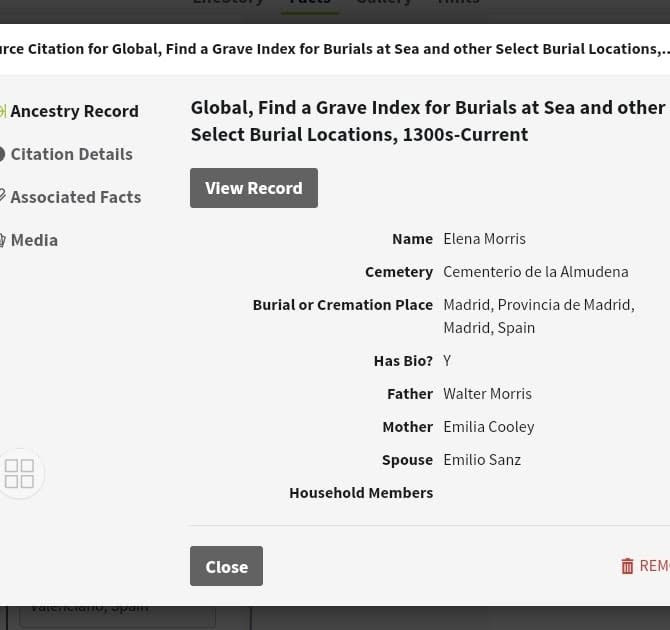 Ficha de Ancestry con el lugar de enterramiento de Elena Morris