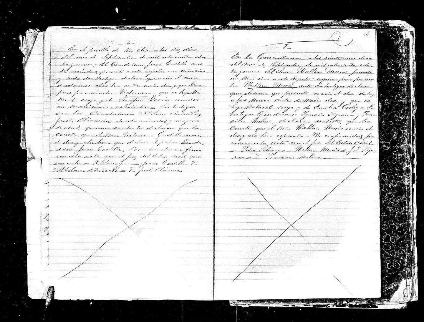 Primera página del acta de nacimiento de Emilia Morris Cooley