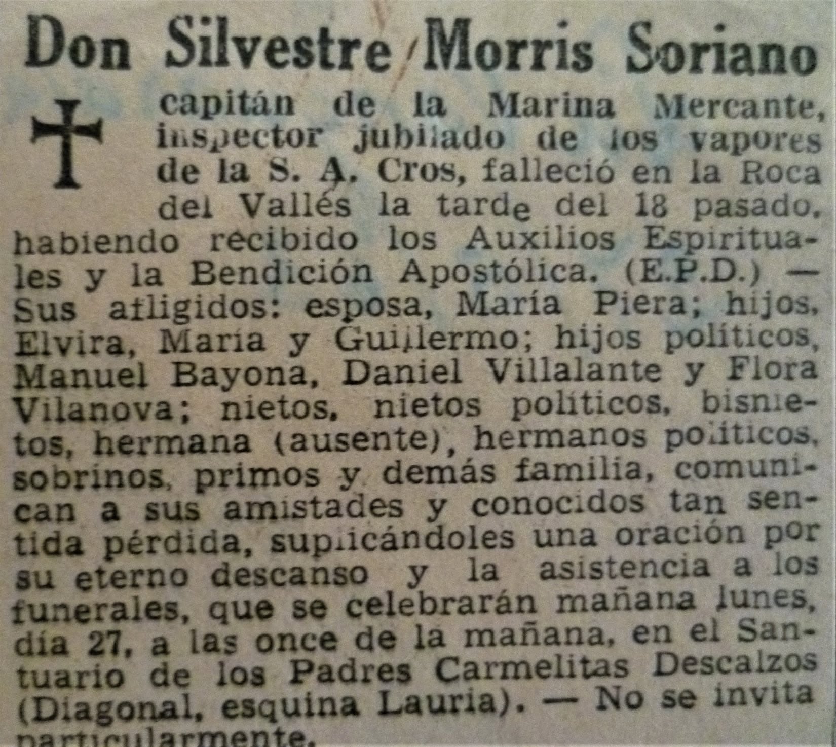 Esquela de Silvestre Morris Soriano