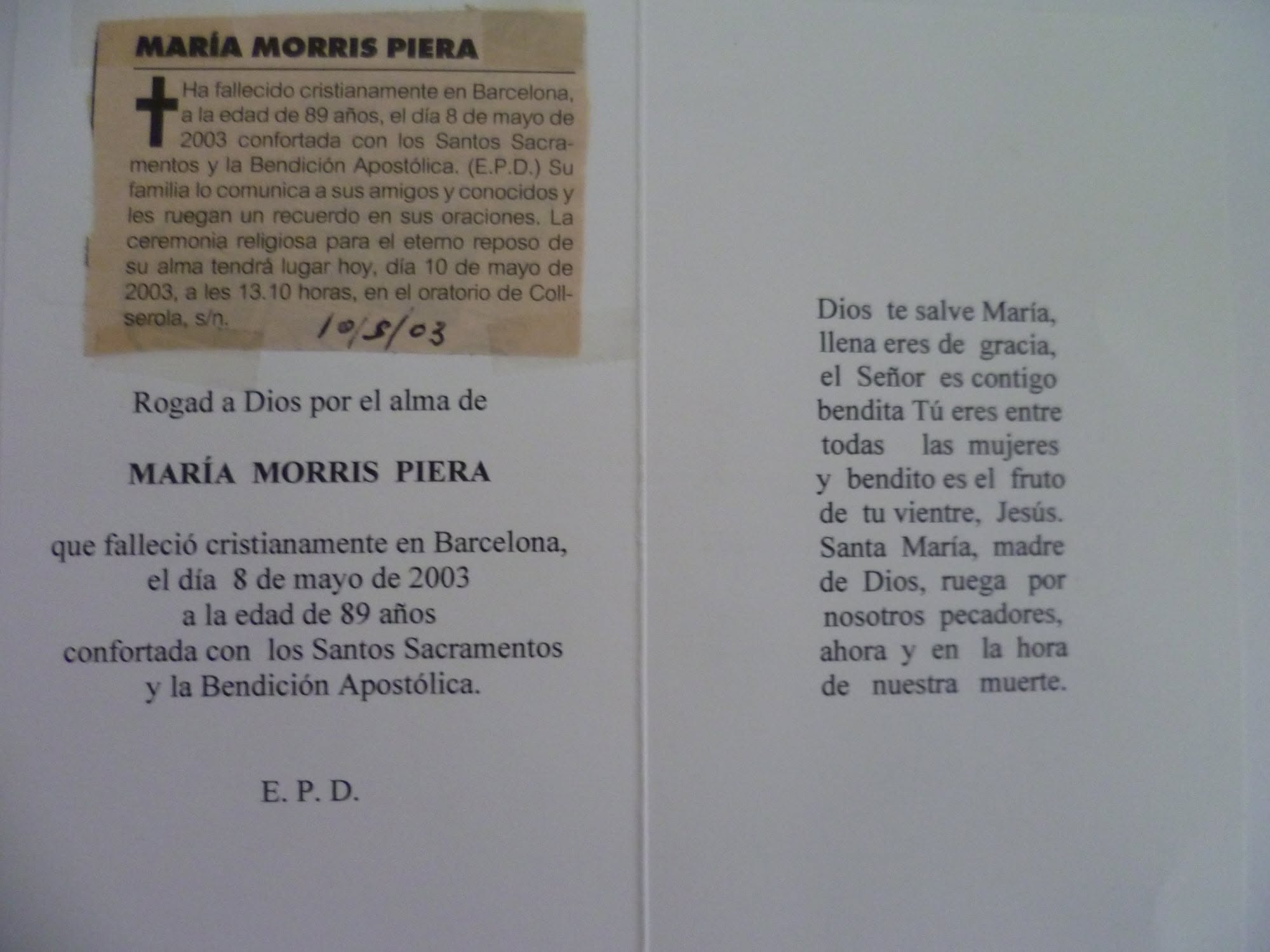Recordatorio de María Morris Piera