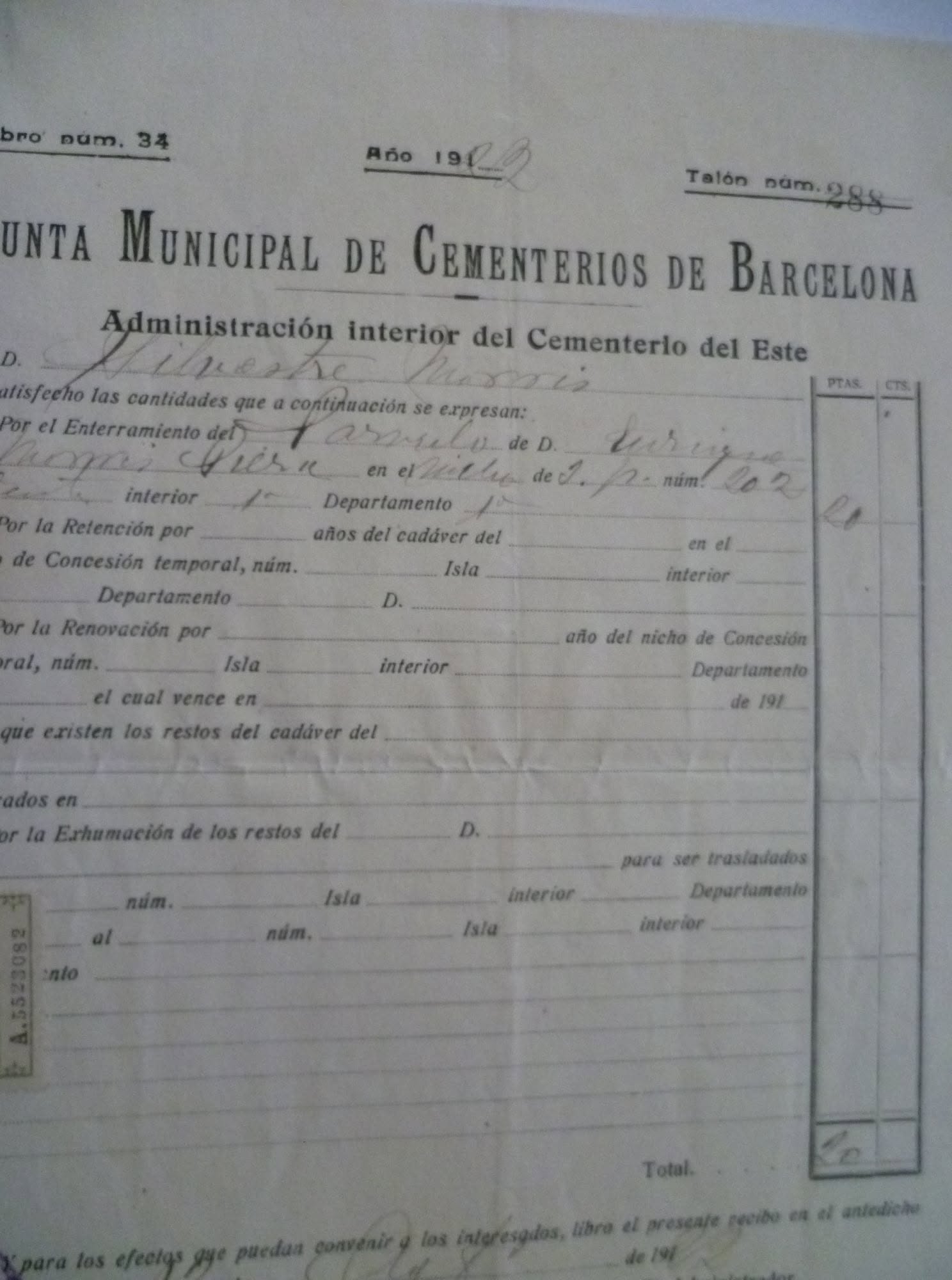 Recibo de la Junta Municipal de Cementerios de Barcelona