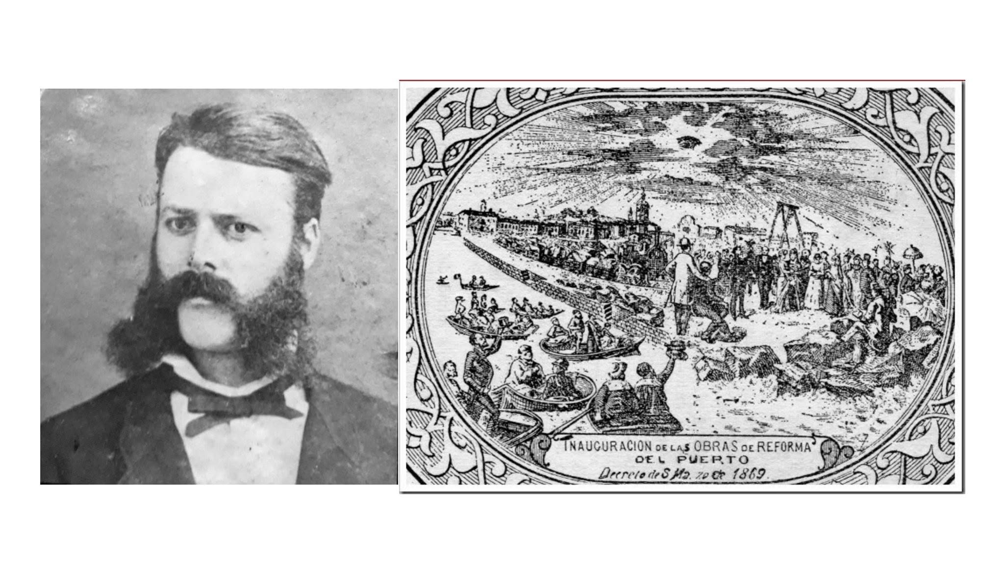 Retrato de caballero barbado junto a una litografía de la inauguración