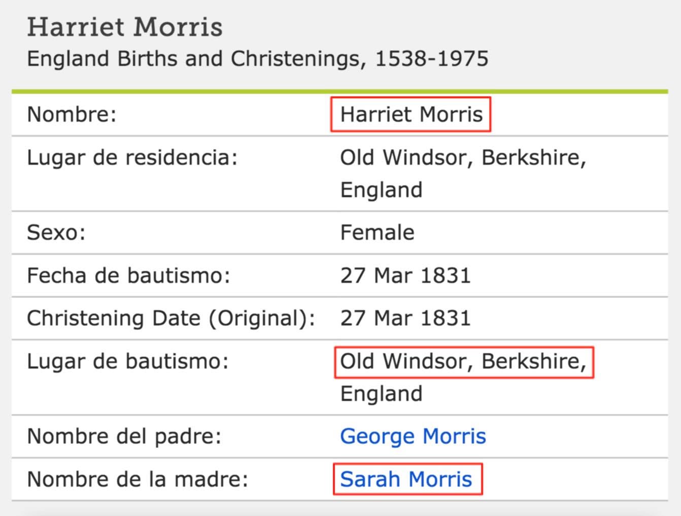 Ficha de bautismo de Harriet Morris