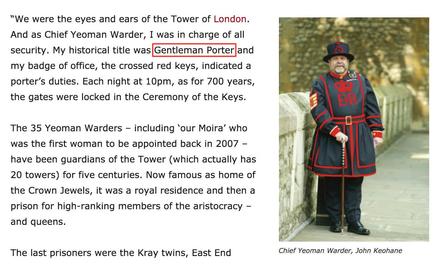 Explicación del cargo de Chief Yeoman Warder de la Torre de Londres