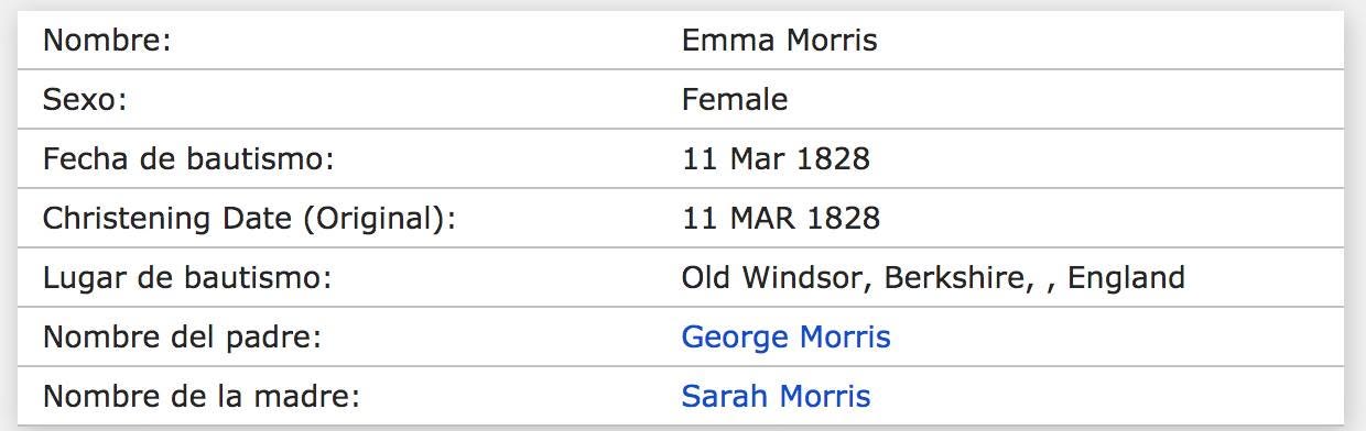 Ficha de bautismo de Emma Morris