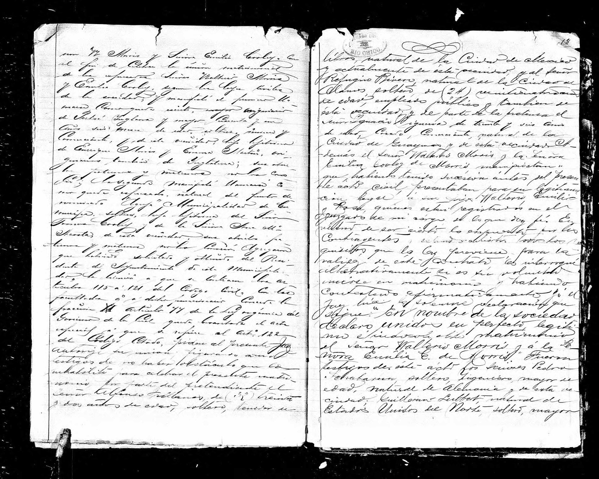 El acta matrimonial de Walter Morris Martin y Emilia Cooley Acosta