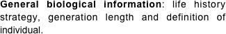 General biological information: life history strategy, generation length and definition of individual.