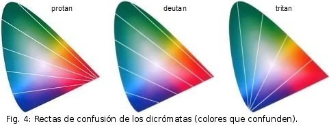 Fig. 4: Rectas de confusión de los dicrómatas (colores que confunden).