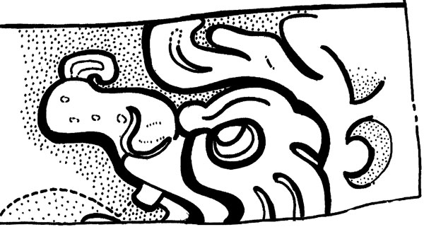 Personaje sobrenatural tallado en uno de los frisos de los palacios de la Acrópolis de La Blanca. (Dibujo Paulino Morales)