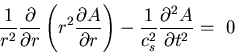 \begin{displaymath}
\frac{1}{r^{2}} \frac{\partial }{\partial r}
\left(r^{2} \f...
...ac{1}{c_s^{2}} \frac{\partial^{2} A}{\partial t^{2}}
=    0
\end{displaymath}