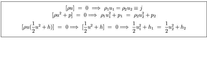 \fbox{\parbox[b]{6.0in}{
\begin{displaymath}[\rho u]  =    0   
\Longright...
..._1 }
  =   
\displaystyle{\frac{1}{2} u_2^{2} + h_2 }
\end{displaymath}}}