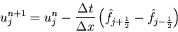 \begin{displaymath}
u_j^{n+1} = u_j^n - \frac{\Delta t}{\Delta x}
\left(\hat{f}_{j+\frac{1}{2}} - \hat{f}_{j-\frac{1}{2}}\right)
\end{displaymath}