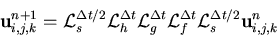 \begin{eqnarray*}
{\bf u}^{n+1}_{i,j,k} = {\cal L}_s^{\Delta t/2}
{\cal L}_h^{...
...cal L}_f^{\Delta t}
{\cal L}_s^{\Delta t/2}{\bf u}^{n}_{i,j,k}
\end{eqnarray*}