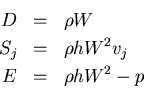 \begin{eqnarray*}
D &=& \rho W \\
S_j & =& \rho h W^2 v_j \\
E & =& \rho h W^2 - p \\
\end{eqnarray*}