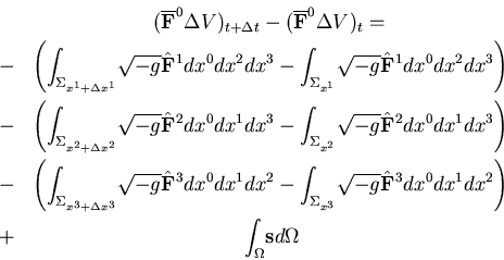 \begin{eqnarray*}
&
(\displaystyle{\overline{\bf F}^0} {\Delta V})_{t+\Delta t} ...
...nonumber  %%&
+ & \displaystyle{\int_{\Omega}} {\bf s} d\Omega
\end{eqnarray*}