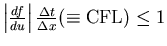 $\left\vert \frac{d f}{d u} \right\vert
\frac{\Delta t}{\Delta x} (\equiv {\rm CFL}) \leq 1$