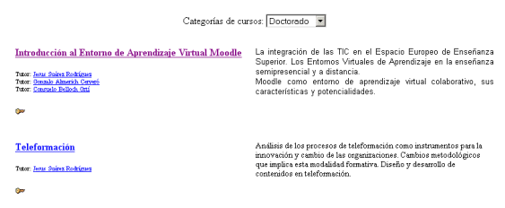 Pantalla para seleccionar cursos