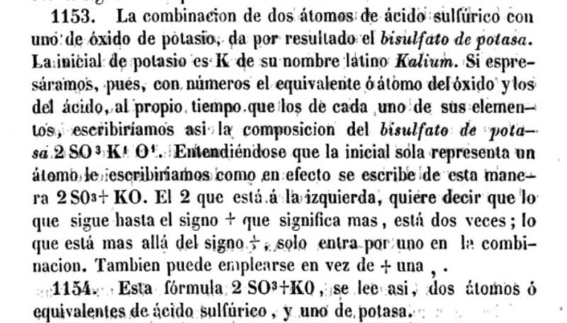 Las fórmulas de Berzelius explicadas en un manual de química de 1849 elaborado por el toxicólogo Pere Mata.