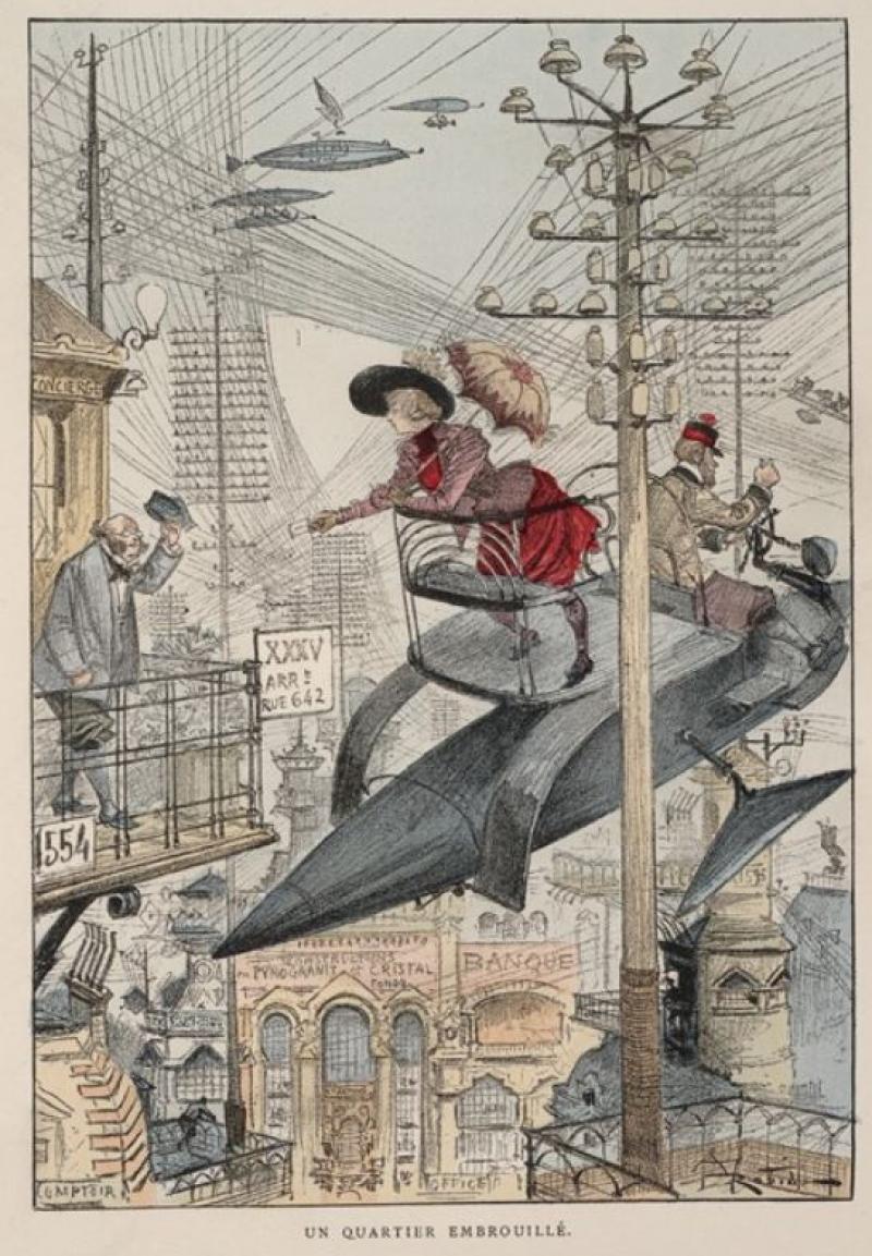 <div class="val">"Le vingtième siècle: La vie électrique" (1893)". Ilustración de Albert Robida (1848-1926)</div>