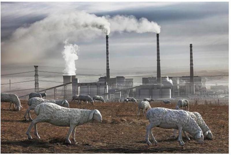 Las industrias de los alrededores de la ciudad de Holin Gol (Mongolia interior, Republica Popular China) producen energía y productos químicos con aplicaciones de todo tipo, pero contaminan los pastizales cercanos y los hacen inviables para la agricultura y la ganadería. Por ello, las autoridades han sustituido el ganado por estas esculturas. Fotografía de Lu Guang, 2012, de la serie "Desarrollo y Contaminación".
<div id="gtx-trans" style="position: absolute; left: 403px; top: 39.6667px;"> </div>