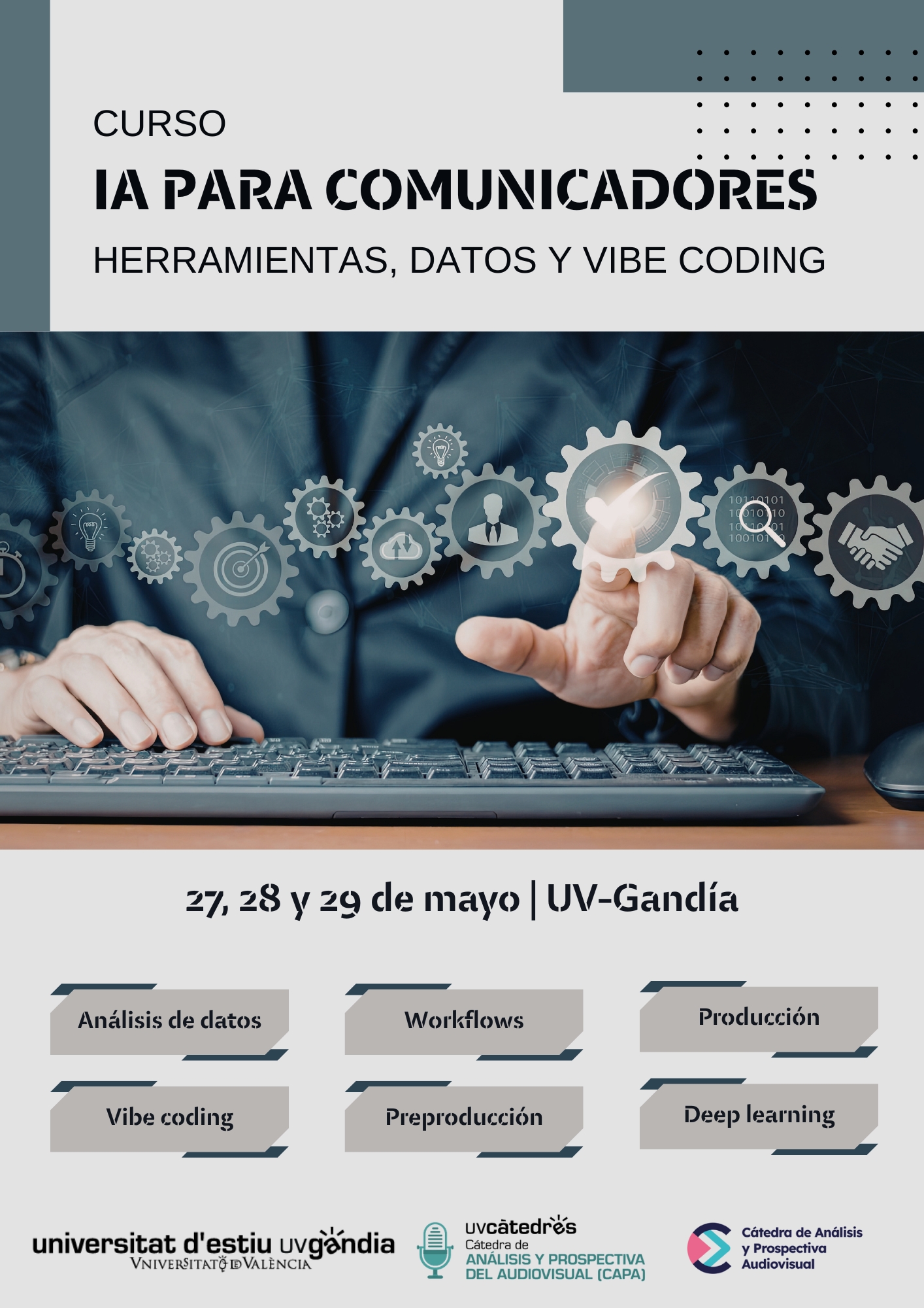 Cartell curs per a perdre la por a la IA i explorar les seues aplicacions en comunicació, dades i vibe coding